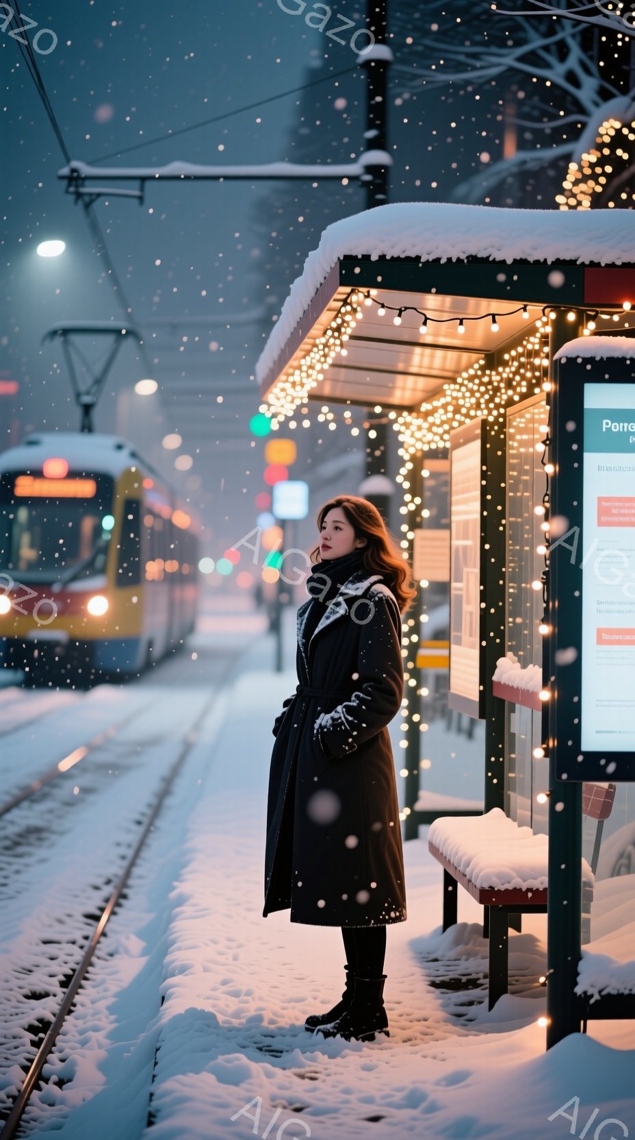 雪が降る寒い夜、女性が路面電車の停留所で待っている。彼女は黒いロングコート、ブーツを履き、髪は肩まで伸びたブラウンヘアで、少し微笑んでいるように見える。背景には雪に覆われた線路と、暖かい光で飾られた停留所があり、冬の静かで幻想的な雰囲気を醸し出している。