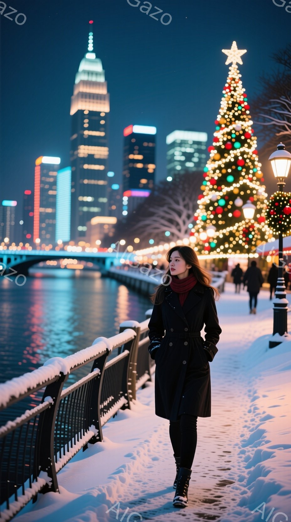 長い黒いコートを着た女性が、雪に覆われた遊歩道を歩いている。彼女は髪を長く伸ばし、赤いスカーフを巻いており、やや憂いを帯びた表情をしている。背景には、夜景が輝く高層ビル群と、きらびやかなクリスマスツリーが見え、冬の寒さと都会の光が混ざり合った幻想的な雰囲気を醸し出している。