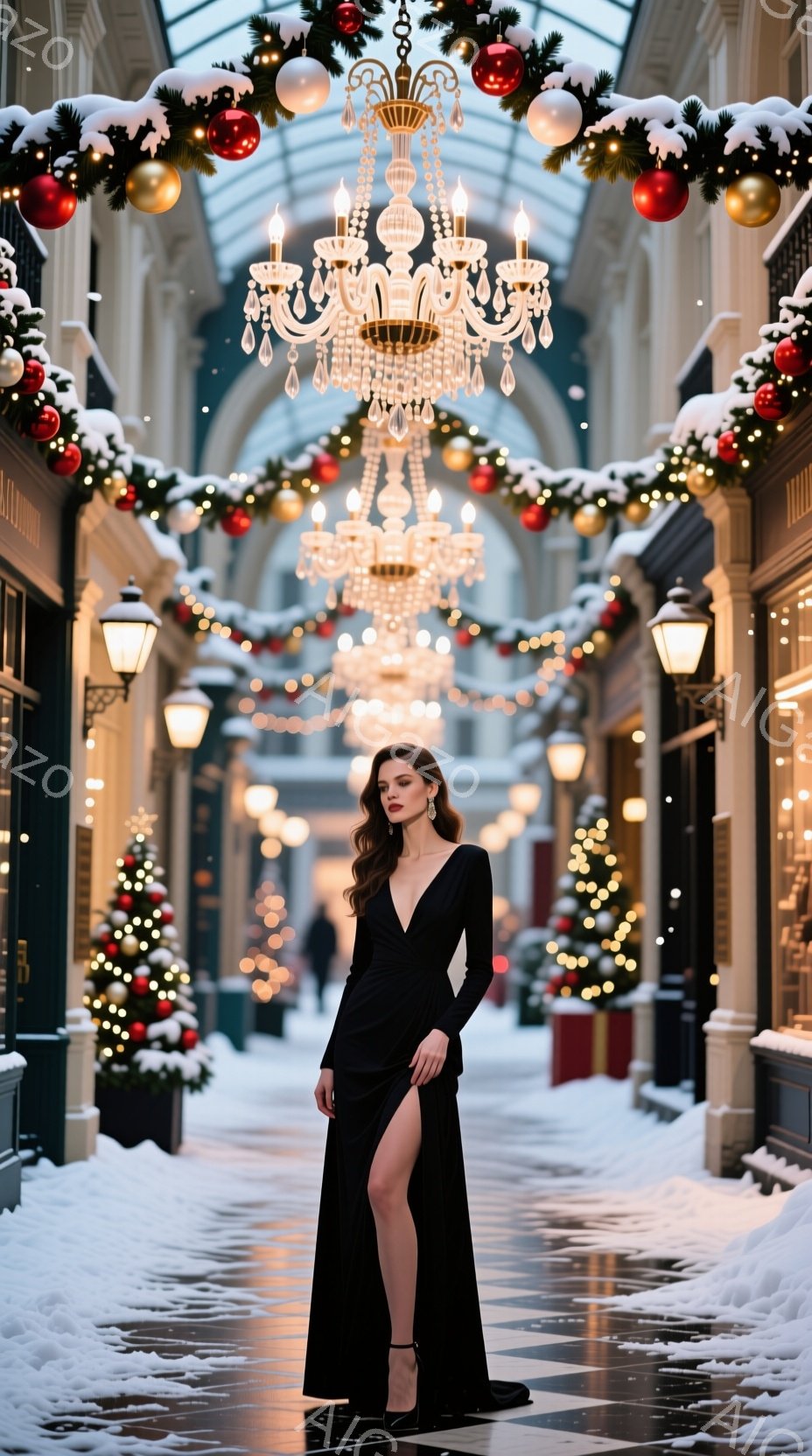 黒いロングドレスを着た女性が、雪で覆われた通路の中央に立っている。ドレスはスリットが入っており、彼女は優雅なポーズで、少し微笑んでいるように見える。背景には、クリスマス装飾が施された建物と、キラキラと - AI生成フリー素材
