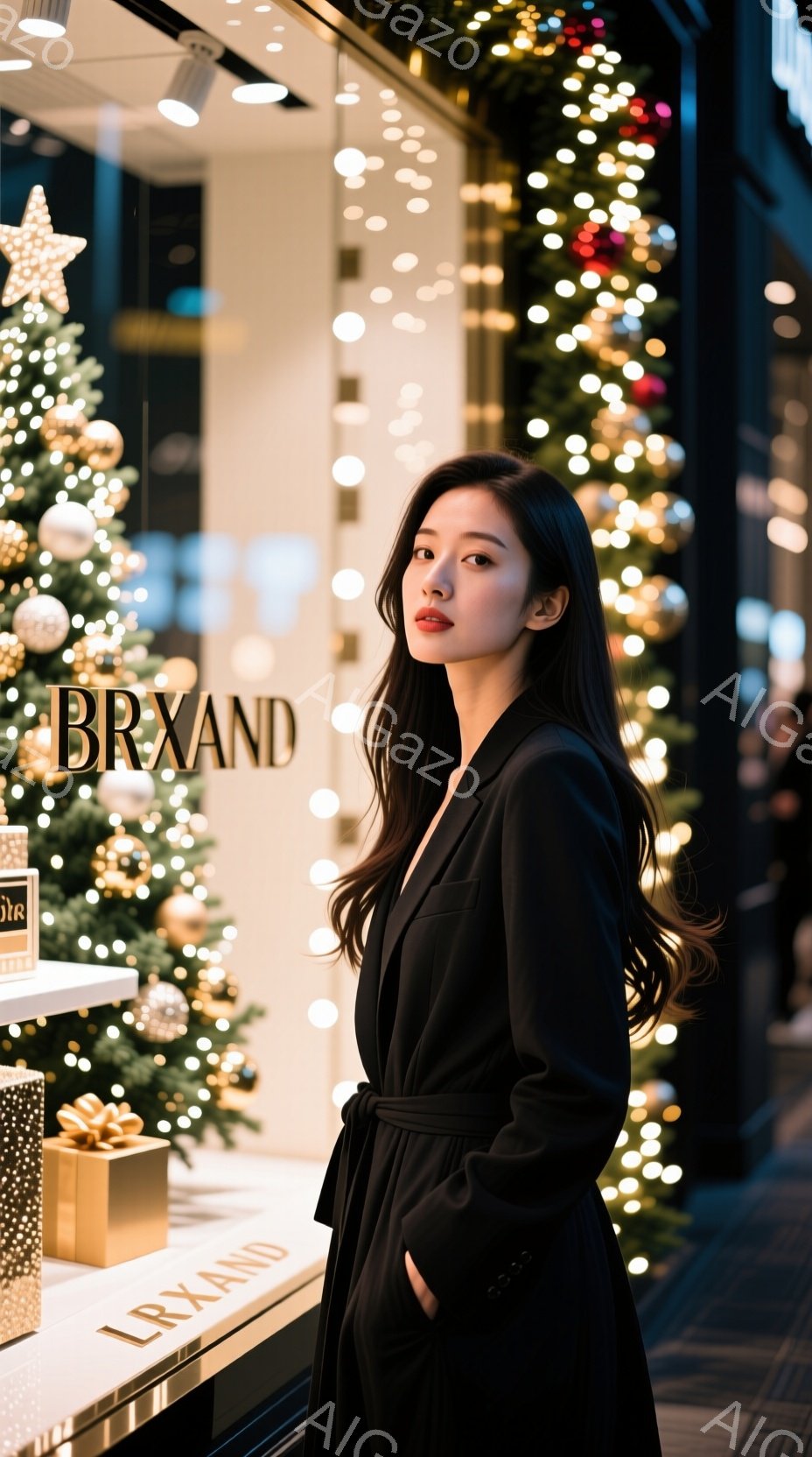 長い黒いコートを着た女性が、ショーウィンドウの前に立っている。彼女は髪を後ろに流し、赤い口紅を塗っており、自信に満ちた表情をしている。背景にはクリスマスツリーや装飾が輝き、華やかな雰囲気を醸し出している。