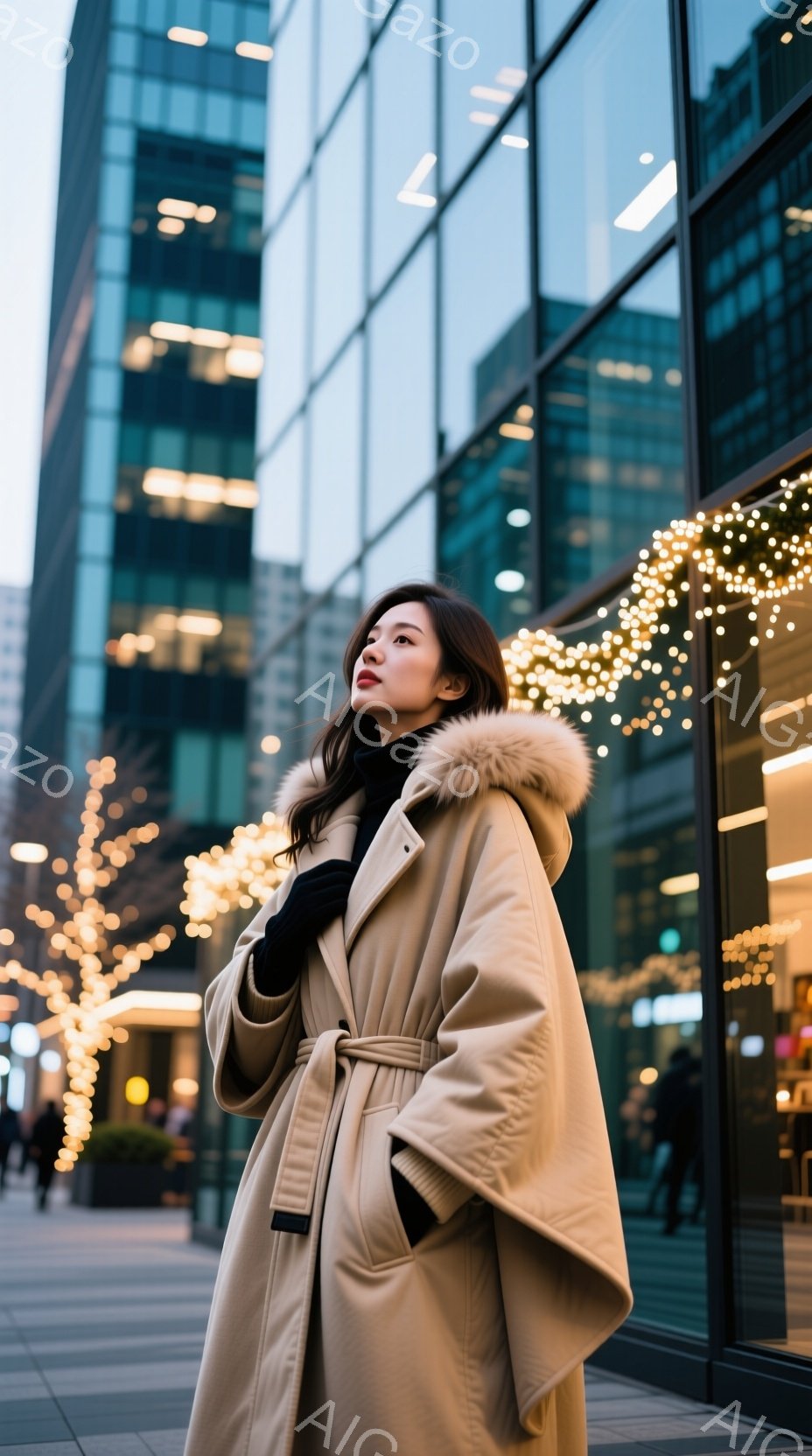 女性はベージュ色のフード付きコートと黒い手袋を着用し、少し上目遣いで微笑んでいます。彼女はベルトで軽くウエストを締め、コートのボリューム感が際立っています。背景には近代的な高層ビルが立ち並び、温かい光のイルミネーションが冬の夜の雰囲気を演出しています。