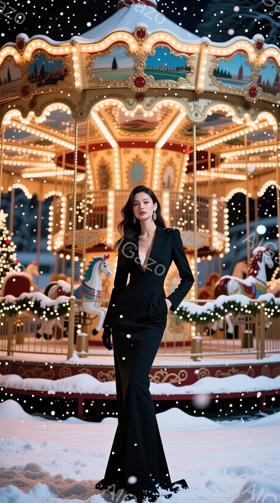 長い黒いガウンを身に着けた女性が、雪が降る遊園地のメリーゴーラウンドの前でポーズを取っています。彼女は髪を後ろにまとめ、強い眼差しで正面を見つめており、自信に満ちた表情をしています。背景には、ライトアップされたメリーゴーラウンドと雪景色が広がり、幻想的な雰囲気を醸し出しています。