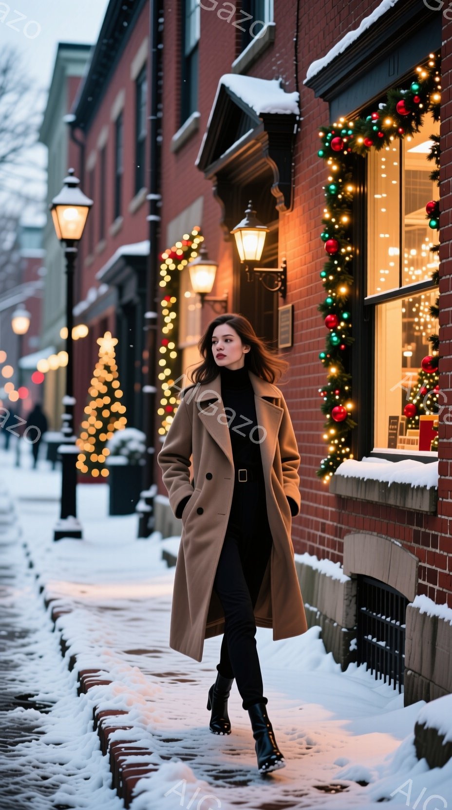 煉瓦造りの建物が並ぶ雪景色の中、キャメル色のロングコートを着た女性が歩いている。彼女は黒い服を着ており、髪は肩まで伸びて少しウェーブがかかっている。背景にはクリスマスイルミネーションが飾られ、冬の穏やかで華やかな雰囲気が漂っている。