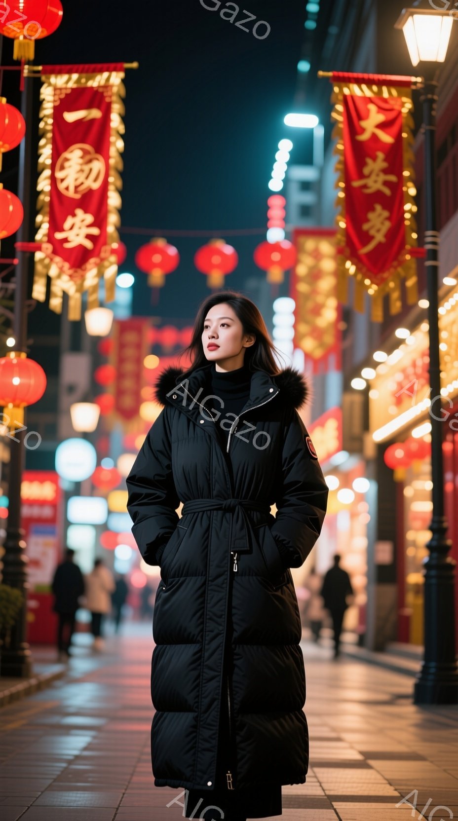 長い黒いパディングコートを着た女性が、明るい街路に立っている。彼女はストレートの黒髪で、少し微笑んだ表情をしている。背景には赤い提灯が並び、夜の活気ある街並みが広がっている。