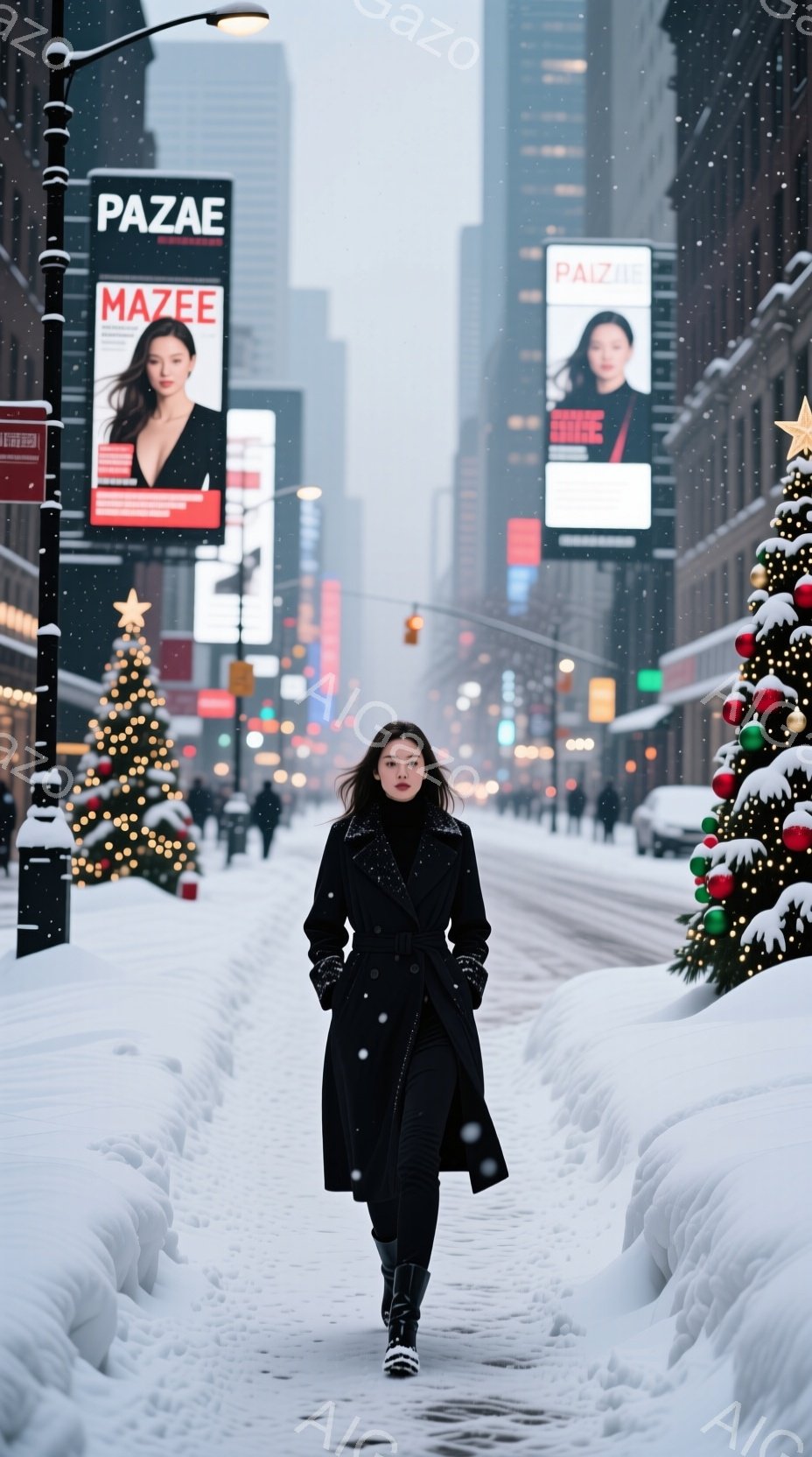 吹雪のニューヨークの街を、黒いロングコートを着た女性が歩いている。彼女は髪を後ろに流し、表情は穏やかで、少し前を見つめている。背景には高層ビルやクリスマスツリーが見え、雪が降り積もった道路が彼女の周りを囲んでいる。