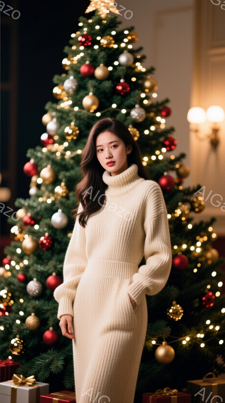 明るいクリーム色のニットワンピースを着た女性が立っています。彼女は少し微笑み、髪は肩にかかる長さで、自然なカールがかかっています。背景には、赤と金のオーナメントで飾られたクリスマスツリーがあり、下にはプレゼントが並んでいます。