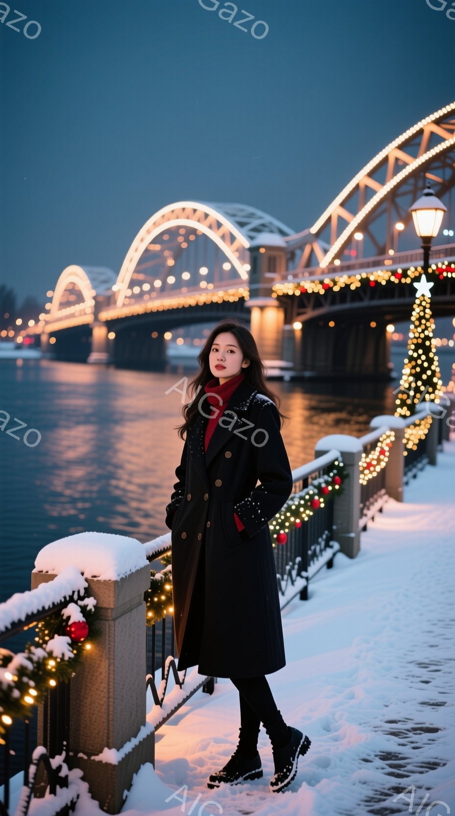 画像には、雪に覆われた欄干のそばに立つ若い女性が写っています。彼女は黒いロングコートに赤いセーターを着ており、黒いブーツを履いています。背景には、ライトアップされた橋と雪景色が広がり、冬の夜の静かでロマンチックな雰囲気を醸し出しています。