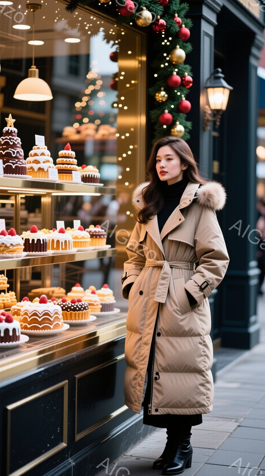 長いベージュ色のダウンジャケットを羽織った女性が、ショーウィンドウに飾られた美しいケーキを眺めている。彼女は黒いハイヒールブーツを履き、髪は背中で緩やかにカールしている。背景にはクリスマスの装飾が施された建物があり、冬の穏やかな雰囲気が漂っている。
