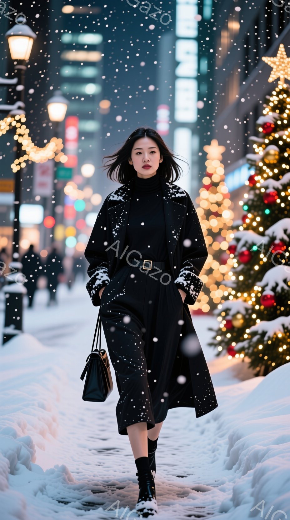 長い黒いコートを羽織り、黒いパンツとブーツを履いた女性が雪の降る街路を歩いている。彼女は短い黒髪で、表情は穏やかで、片手に黒いハンドバッグを持っている。背景にはクリスマスツリーのイルミネーションが輝き、雪が降り積もる冬の街の雰囲気が漂っている。