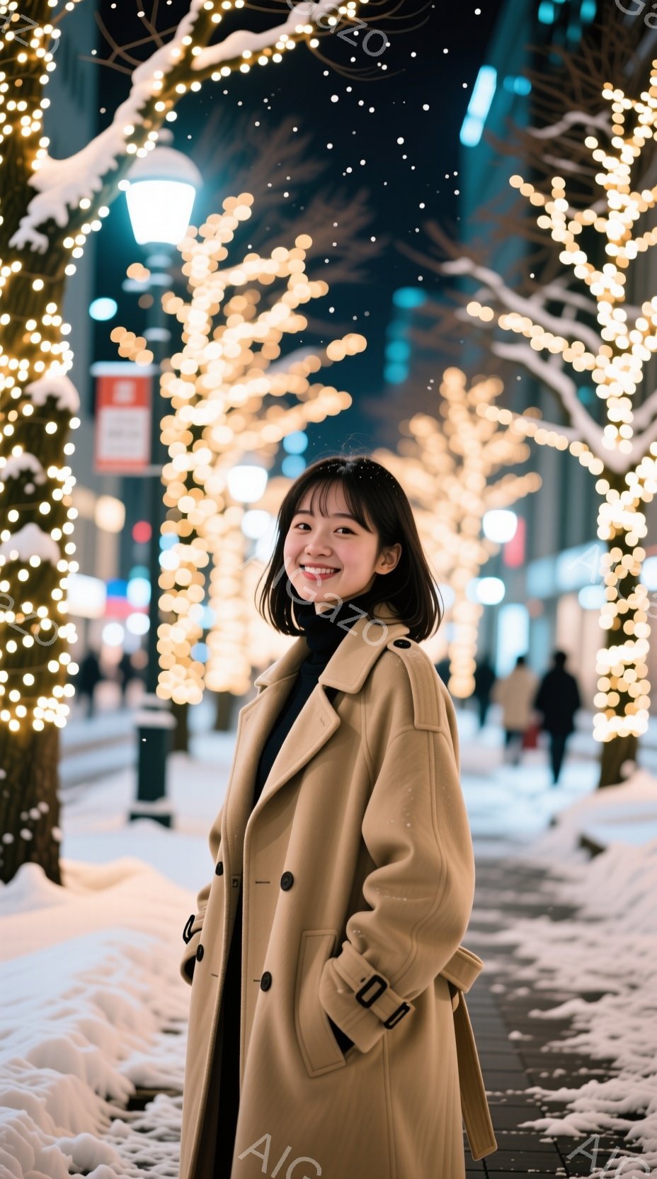 画像には、ベージュ色のコートを着た若い女性が写っています。彼女は微笑んでおり、髪は肩までの長さで、前髪が少し流れています。背景には、雪が降る中、光り輝くイルミネーションの並木道が広がっており、暖かい雰 - AI生成フリー素材