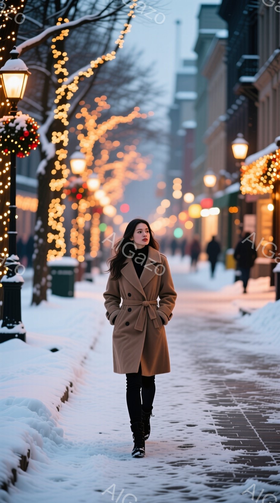 長い髪の女性が、ベージュ色のコートと黒いズボンを身に着けて雪の降る通りを歩いている。彼女は少し微笑み、前を見つめている。背景には、クリスマスの飾り付けがされた建物と、雪で覆われた道路が広がり、冬の暖かい雰囲気を醸し出している。