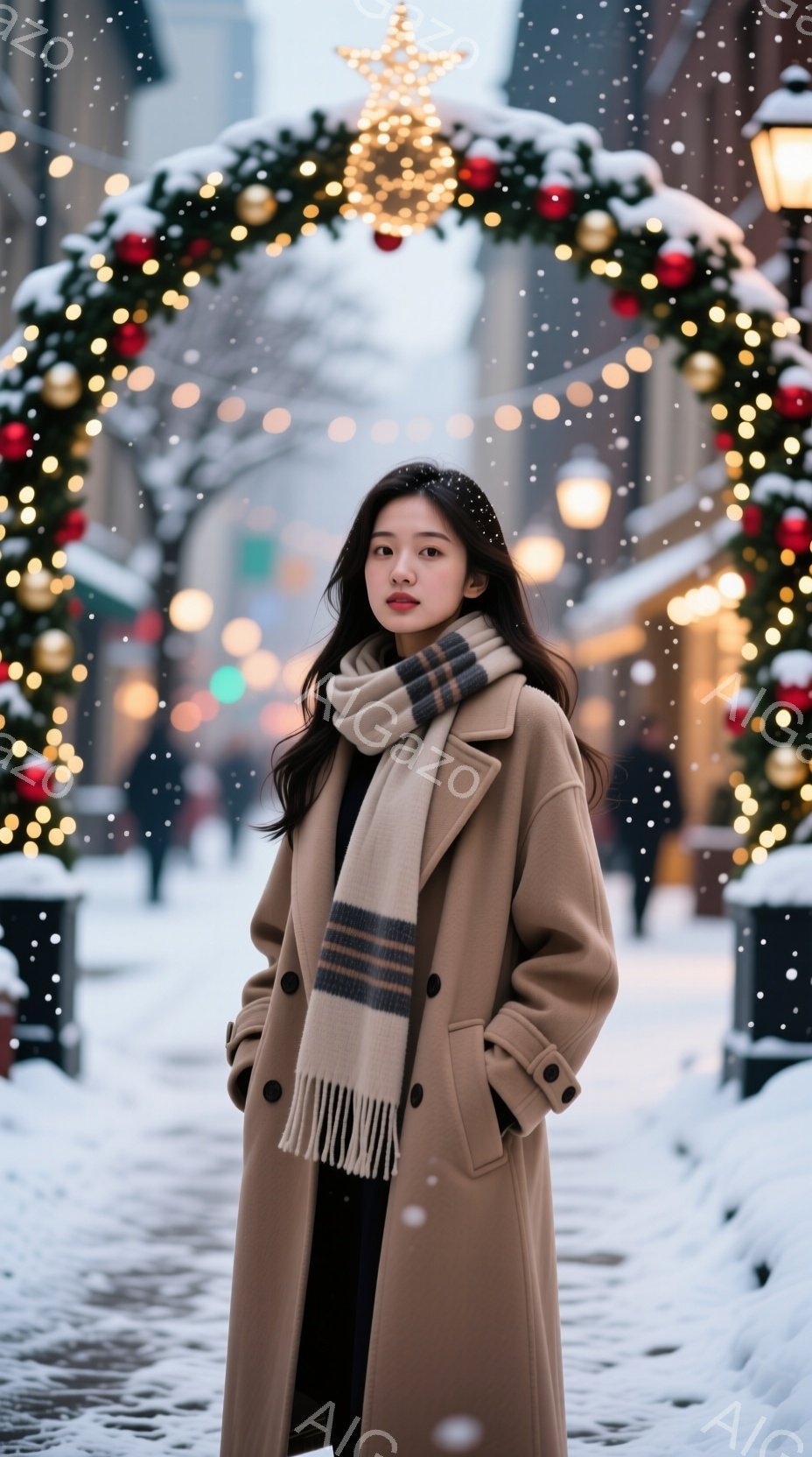長い茶色のコートとストライプのショールを身につけた女性が立っている。彼女は黒髪で、表情は穏やかで、少し微笑んでいるように見える。背景には雪が舞い、クリスマス装飾が施された通りが広がり、華やかな冬の雰囲気を醸し出している。