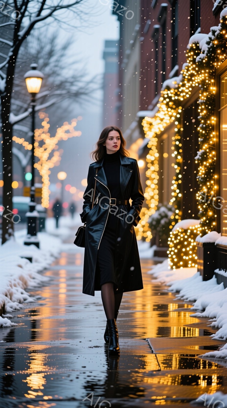 黒いロングコートを着た女性が、雪の降る街路を歩いている。彼女は膝丈の黒いスカートと黒いブーツを履き、髪は後ろでシンプルにまとめられている。背景には、クリスマスイルミネーションで飾られた建物があり、地面は雪と水で濡れており、冬の華やかで少し寂しげな雰囲気を醸し出している。