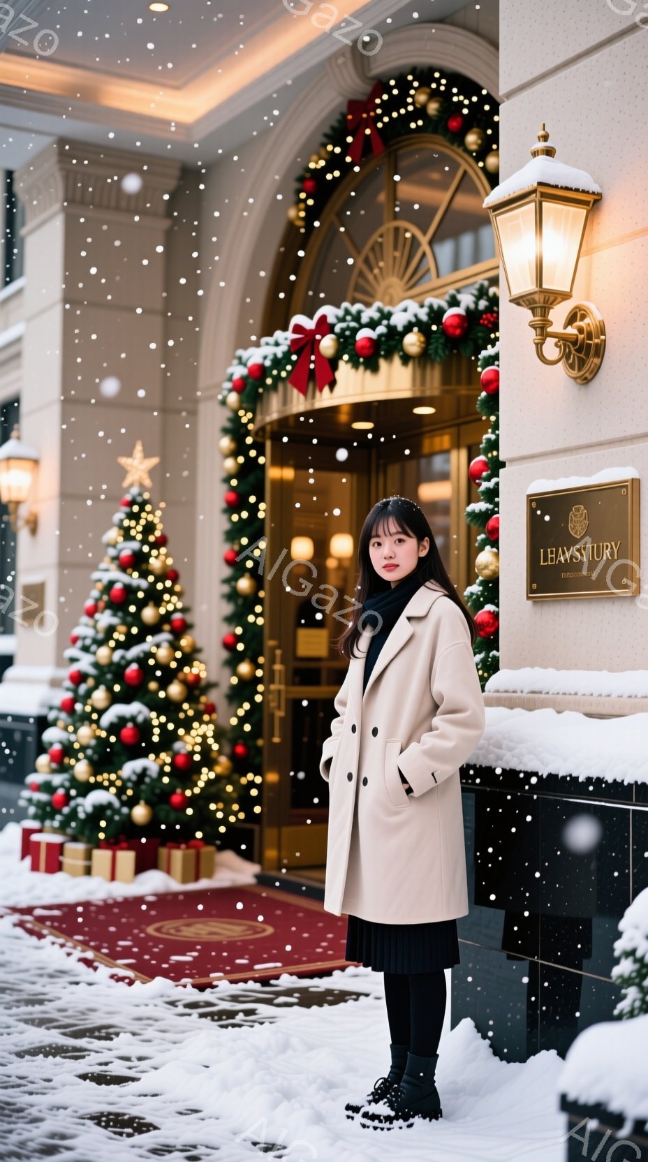 彼女はクリーム色のコートを着て、深い緑色のスカートと黒いセーターを合わせ、冬の装いです。ストレートの黒髪で、少し微笑んだ表情をしています。背景にはクリスマスツリーや装飾が施された建物があり、雪が舞う冬の風景が広がっています。