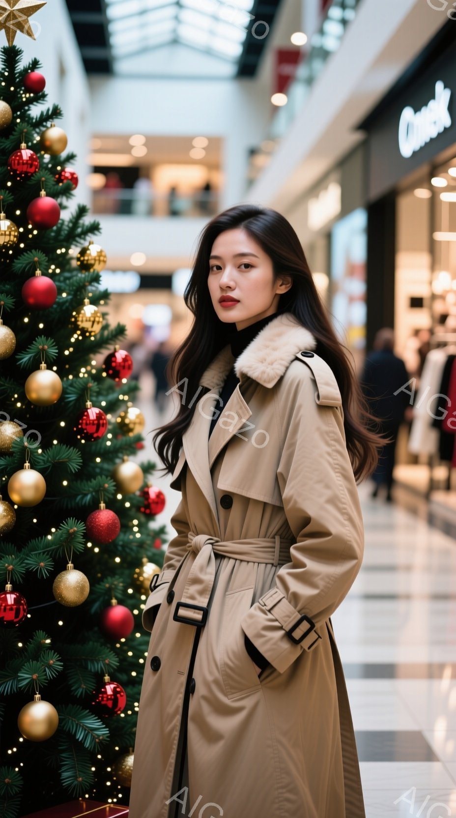 長いベージュ色のトレンチコートを着た若い女性が、少し横を向いて立っています。彼女は黒髪で、首元には白いファーがついており、表情はクールで落ち着いています。背景にはクリスマスツリーやショッピングモールの構造が見え、冬のホリデーシーズンらしい華やかな雰囲気が漂っています。