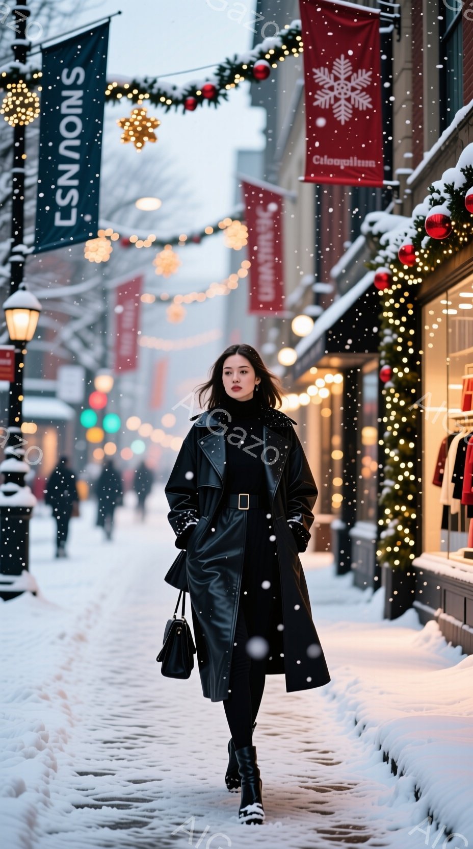 長い黒のレザージャケットを羽織った女性が、雪が降る通りの真ん中で立っている。彼女は黒いブーツとハンドバッグを身につけ、無表情で前を見つめている。背景には、クリスマス装飾が施された建物が並び、冬の穏やかで洗練された雰囲気が漂っている。
