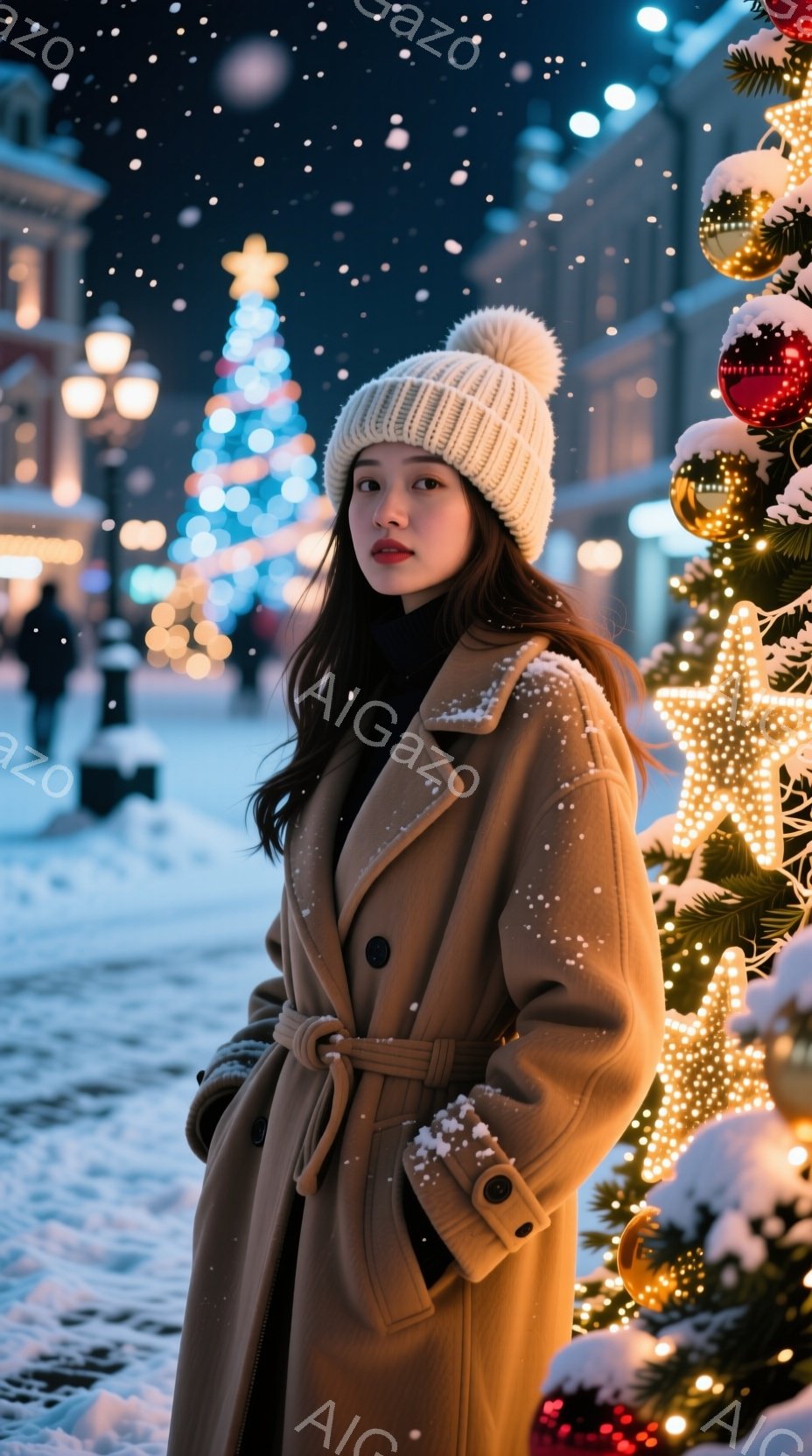 彼女はベージュ色のコートと白いニット帽を身に着け、ベルトで軽くウエストマークしています。雪が舞う中で、少し微笑んだ表情でカメラを見つめており、姿勢はリラックスしています。背景にはクリスマスツリーの明かりが輝き、雪景色と相まって、温かく幻想的な冬の雰囲気を醸し出しています。