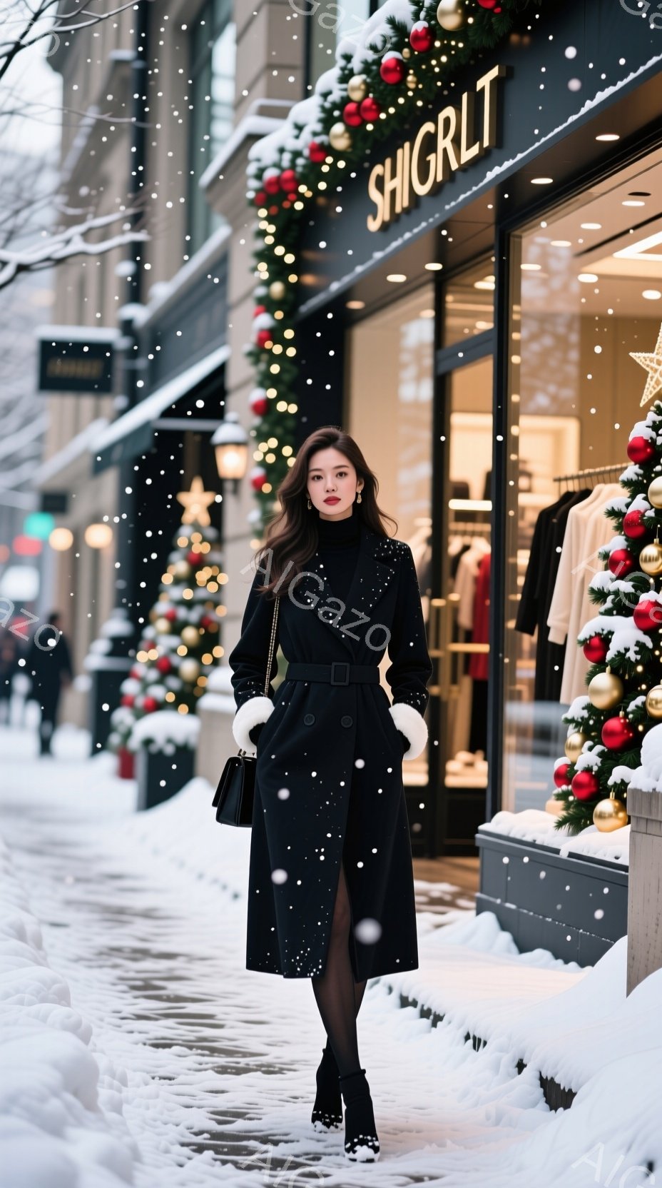 長い黒のコートを着た女性が雪の降る街を歩いている。彼女は黒いタイツとヒールブーツを履いており、白いファーの手袋がアクセントになっている。背景にはクリスマス装飾が施されたショップが並び、華やかな雰囲気の - AI生成フリー素材