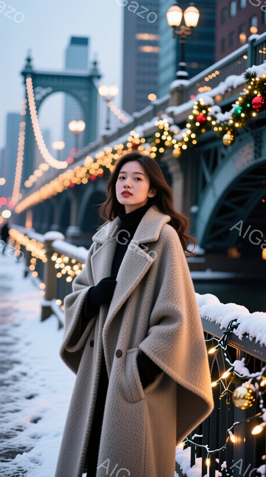 長いベージュのコートを着た女性が、雪が積もった橋の欄干の横に立っている。彼女は黒い手袋をしており、茶色のゆるいウェーブヘアで、少し微笑んだ表情をしている。背景には、装飾された橋と、遠くに見える高層ビル群がぼやけており、全体的に冬の暖かく、穏やかな雰囲気が漂っている。