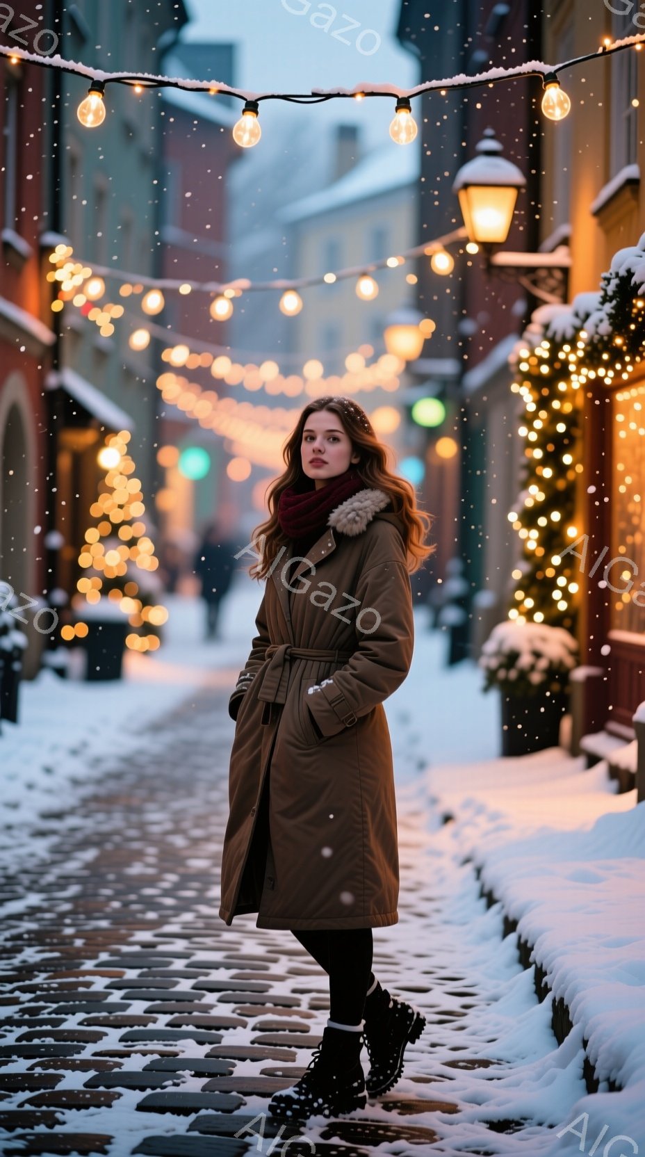 長い茶色のコートと黒いブーツを身につけた女性が、雪が降る石畳の道に立っている。彼女は赤いスカーフを巻き、少し微笑んだ表情でカメラを見つめている。背景には、クリスマスイルミネーションで飾られた建物が並び、冬の暖かく幻想的な雰囲気を醸し出している。