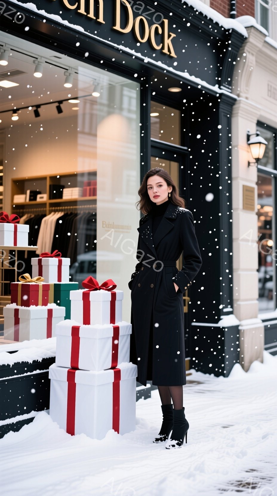 雪が降る街並みを背景に、黒いロングコートを羽織った女性が立っている。彼女は髪を後ろにまとめ、赤いリップスティックが印象的で、少し微笑んだ表情を見せている。背景には、クリスマスプレゼントのような箱が積み重ねられ、暖かな光が差し込むショーウィンドウが店構えを彩っている。