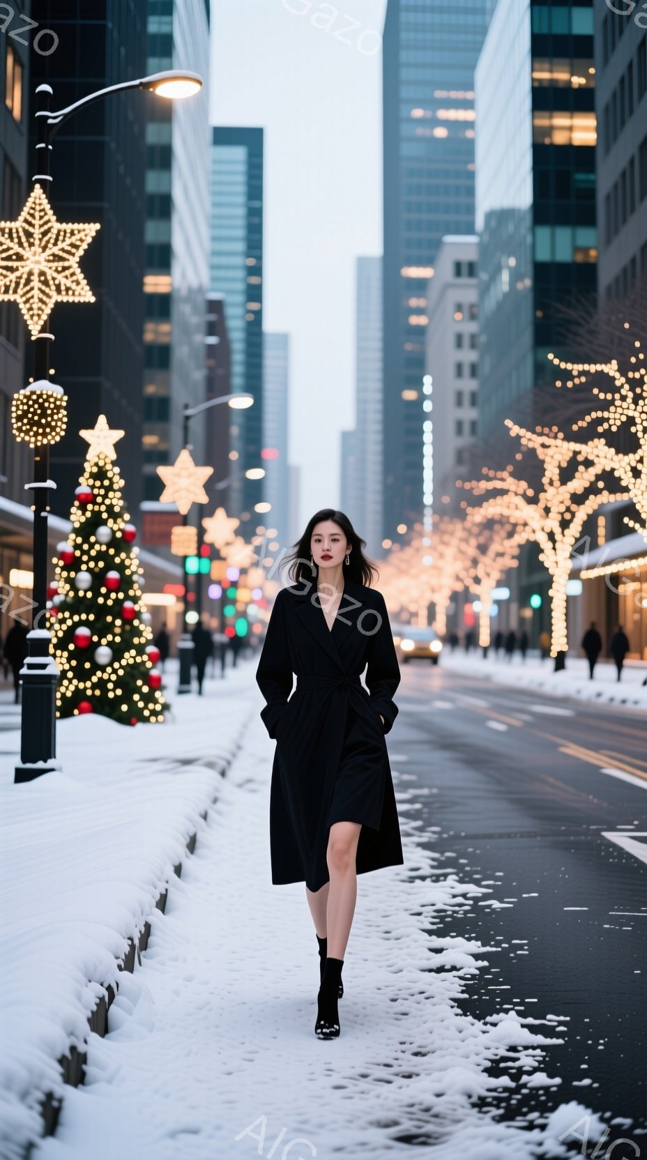 長い黒いコートを着た女性が、雪で覆われた通りの真ん中を歩いている。彼女は黒いタイツとブーツを履き、ストレートの黒髪は肩にかかっている。背景には高層ビルが立ち並び、クリスマス装飾が輝き、冬の都会の雰囲気を作り出している。