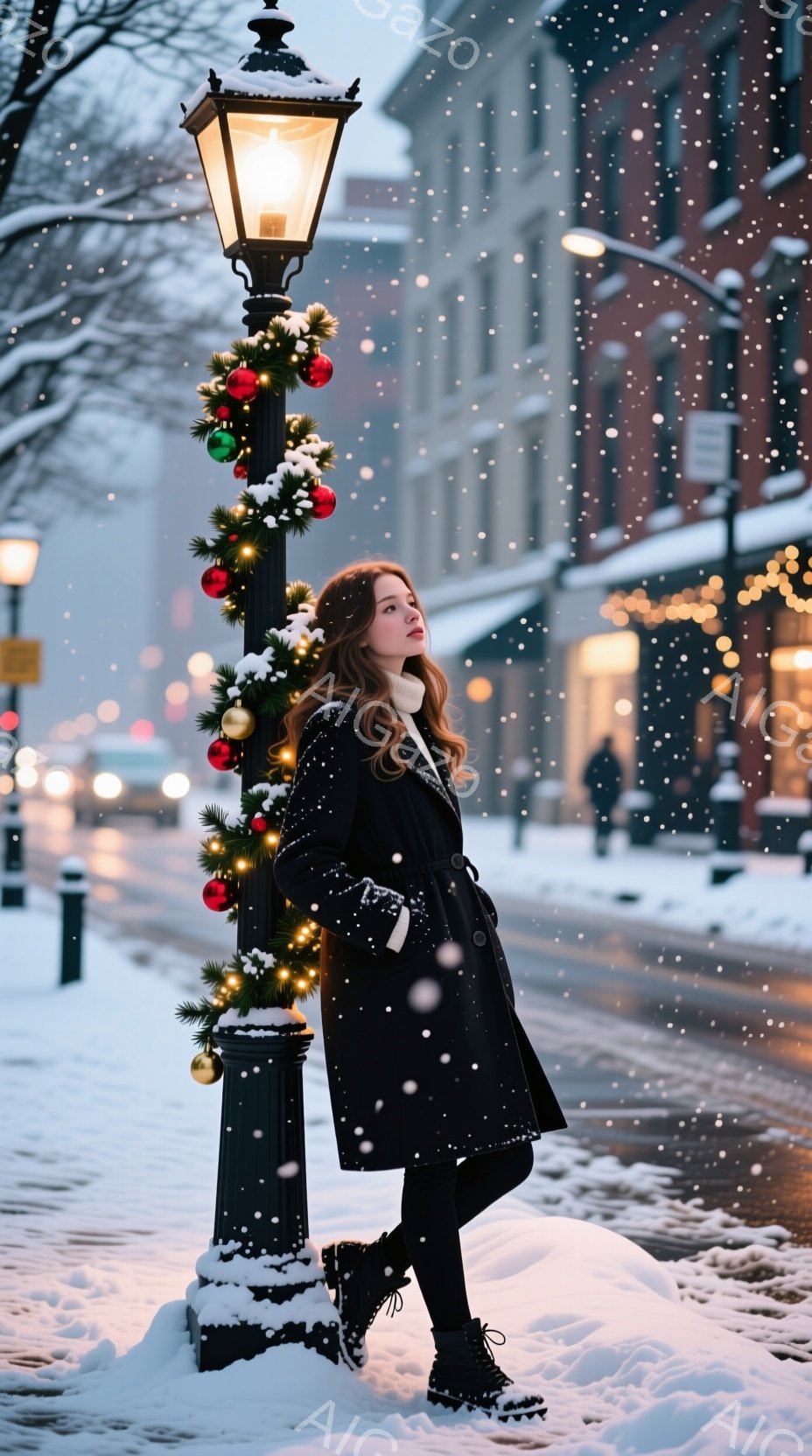 濃い緑色のコートを着た若い女性が、雪の降る街路に立っている。彼女は黒いブーツを履き、長い髪は肩にかかっている。背景には、クリスマス装飾が施された街灯と雪で覆われた建物が見え、全体的に暖かく、冬の祝祭の雰囲気を感じさせる。