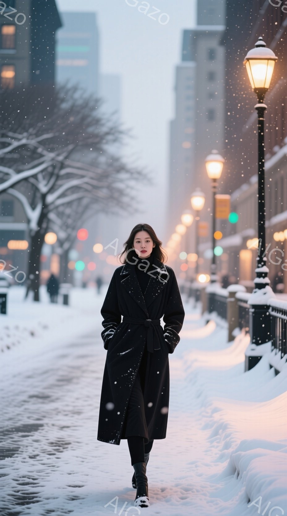 長い黒のコートを着た女性が、雪の降る街路を歩いている。彼女は黒い髪を後ろにまとめ、表情は落ち着いており、やや真剣な眼差しをしている。背景には雪に覆われた建物と街灯が並び、全体的に冬の静かで穏やかな雰囲気が漂っている。