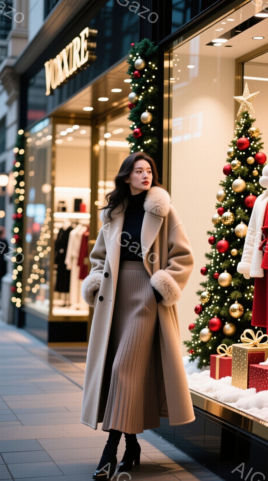 長いベージュのコートを羽織った女性が、プリーツスカートと黒いブーツを履いて立っている。彼女は少し上目遣いで、落ち着いた表情で、冬の装いを上品に演出している。背景にはクリスマス装飾が施されたショーウィンドウがあり、街の賑やかさと冬の暖かさを感じさせる。