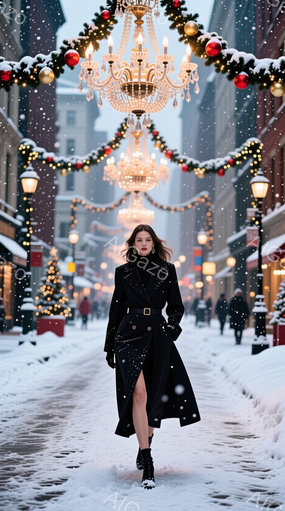 長い黒のコートを着た女性が雪の降る街路を歩いている。彼女はコートの下に黒い服を着ており、足元は黒いブーツである。背景にはクリスマス装飾が施された街並みが広がり、雪が舞う冬の雰囲気を醸し出している。