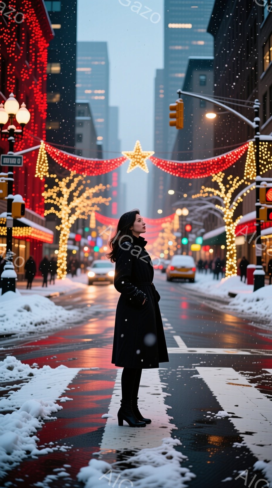 黒いコートを着た女性が、雪が降る街の横断歩道に立っている。彼女はサイドパートのロングヘアで、少し微笑んでいるように見える。背景には高層ビルが立ち並び、街路樹や建物に輝くイルミネーションが冬の雰囲気を高めている。