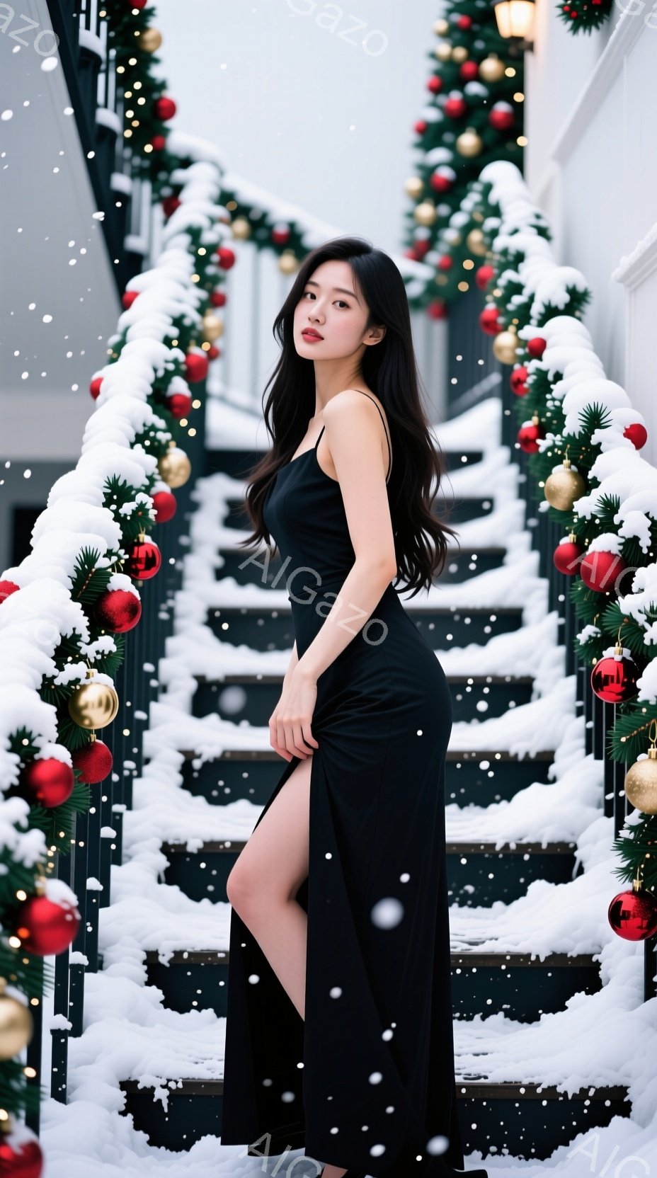 長い黒いドレスを着た女性が、クリスマスの飾り付けがされた階段でポーズをとっています。彼女は肩を少し傾け、片足を前に出し、魅力的な表情を浮かべています。背景には、赤いオーナメントと緑の葉で飾られた階段が続き、まるで冬の祭りのような雰囲気を醸し出しています。