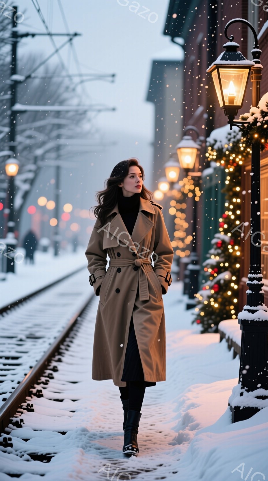 茶色のトレンチコートを着た女性が、雪の積もった線路沿いを歩いている。彼女は黒い髪を長く残し、少し憂いを帯びた表情でこちらを見ている。背景には、装飾されたクリスマスツリーと、点灯した街灯があり、冬の静かで幻想的な雰囲気を醸し出している。