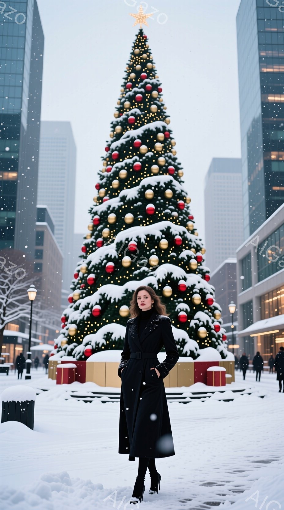 吹雪の中、女性が黒いロングコートを羽織り、片手をポケットに入れたポーズで立っている。背景には巨大なクリスマスツリーが飾られ、プレゼントの箱が置かれている。高層ビル群と雪景色が冬の都会的な雰囲気を醸し出している。