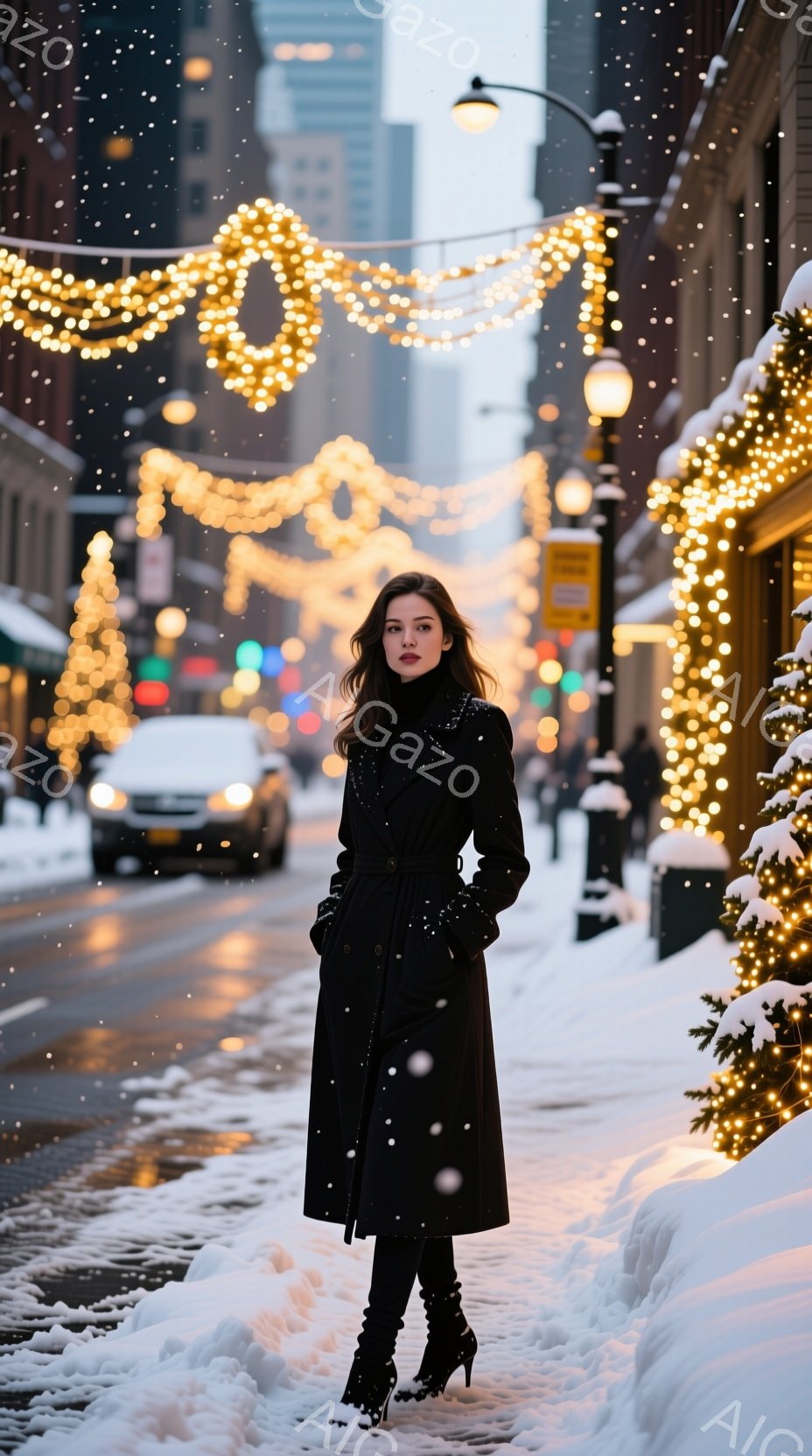 長い黒のコートを着た女性が、雪が降る街路に立っている。彼女は赤い口紅をつけ、自信に満ちた表情でカメラを見つめている。背景には、街路樹に飾られた光のイルミネーションと、雪に覆われた建物が広がり、冬の華やかな雰囲気を醸し出している。