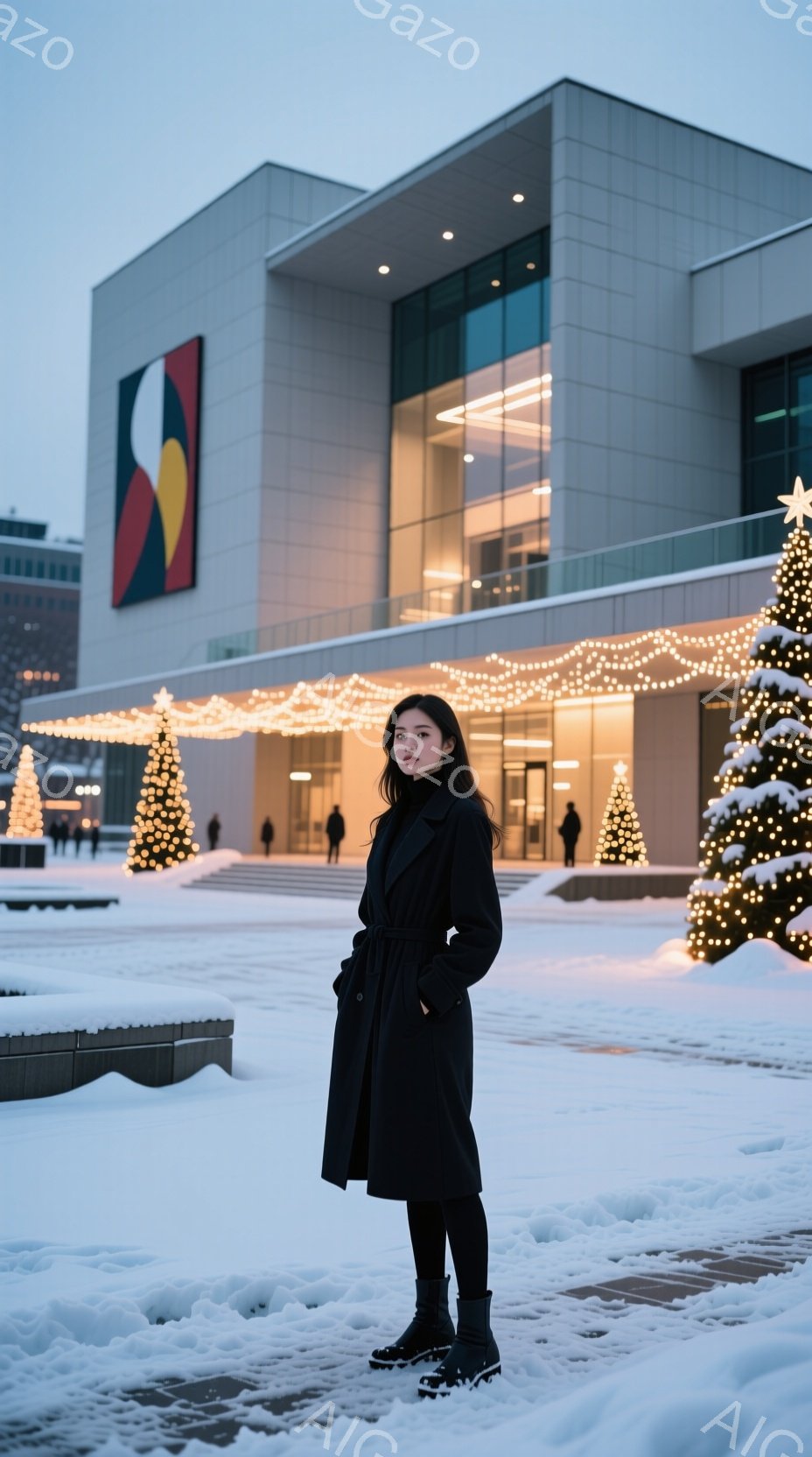 雪景色の中に立つ女性は、黒いロングコートと黒いブーツを身につけ、ストレートの黒髪が肩にかかっています。彼女はやや横を向き、少し憂いを帯びた表情で遠くを見つめています。背景には、クリスマスツリーやイルミネーションで飾られた近代的な建物があり、冬の静寂さと暖かさが共存する雰囲気が漂っています。