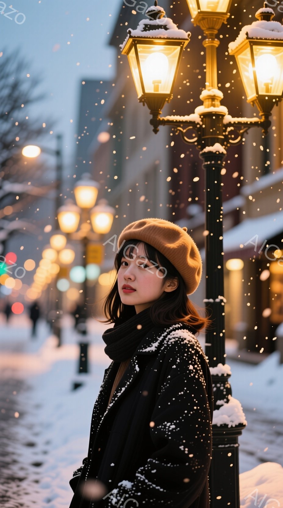 茶色のベレー帽と黒いコートを身に着けた女性が、雪が舞う街並みを背景に立っている。彼女はわずかに微笑んでおり、少し憂いのある表情をしている。背景には、点灯された街灯と雪に覆われた建物が見え、冬の静かでロマンチックな雰囲気を醸し出している。