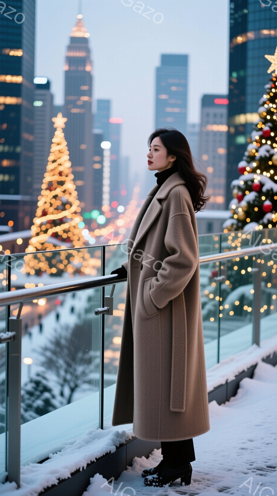 長いベージュ色のコートを着た女性が、雪で覆われた手すりのそばに立っている。彼女は黒いパンツとブーツを履き、髪は肩まで伸びており、少し横に流れている。背景には、クリスマスツリーや高層ビル群が見え、雪が降る冬のニューヨークの雰囲気を醸し出している。