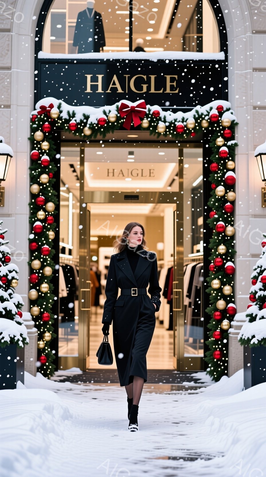 雪が舞う冬の日に、黒いコートとスカートを身につけた女性が歩いている。彼女は手提げバッグを持ち、前を向いて少し微笑んでいるように見える。背景には、クリスマス装飾が施されたお店があり、華やかさと冬の静寂が混ざり合った雰囲気である。