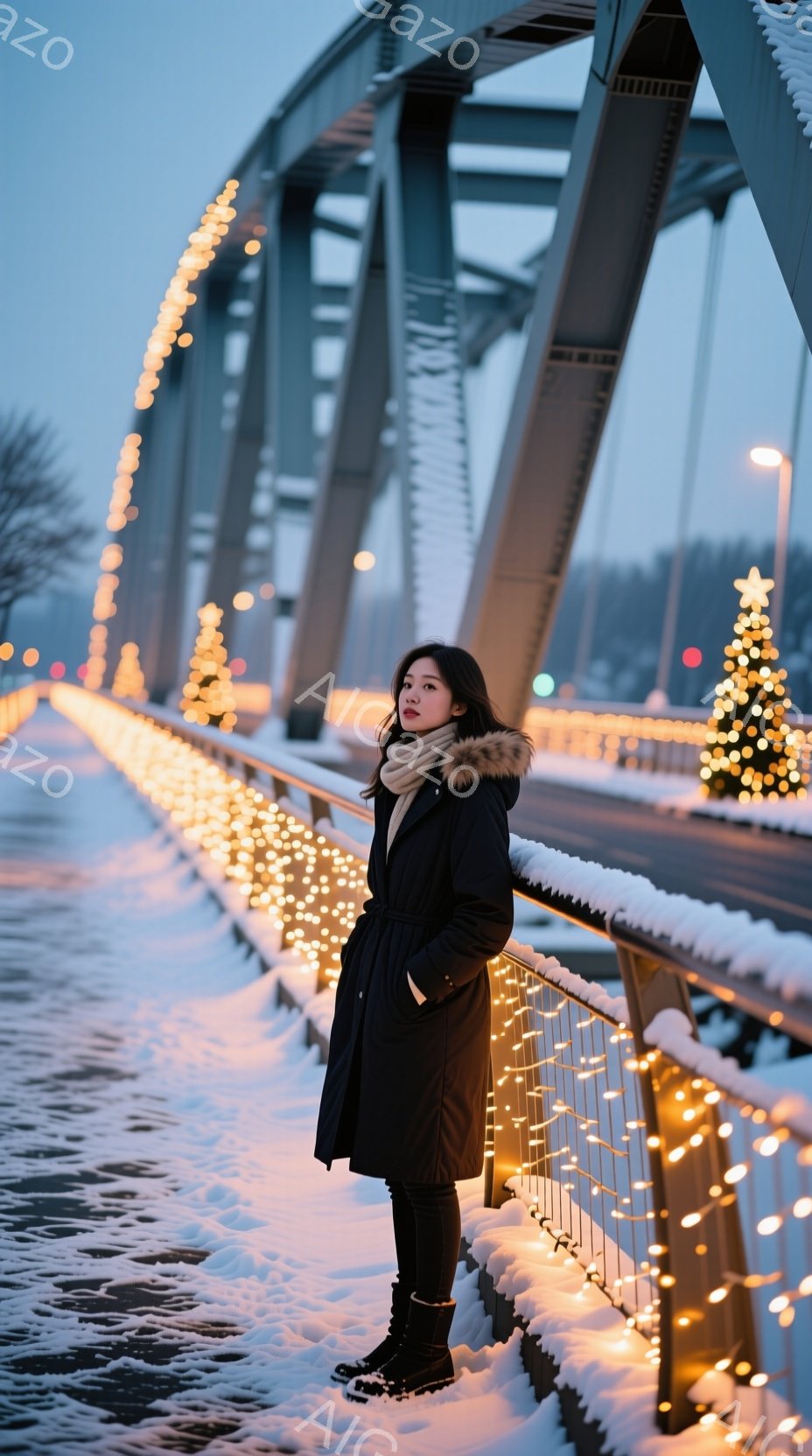 長い黒い冬のコートを着た女性が、雪に覆われた橋の上に立っている。彼女は手をポケットに入れ、やや物憂げな表情で遠くを見つめている。背景にはイルミネーションが飾られた橋の構造と、雪景色、そして遠くに見える街並みが広がり、冬の静寂さと少しの暖かさを感じさせる。