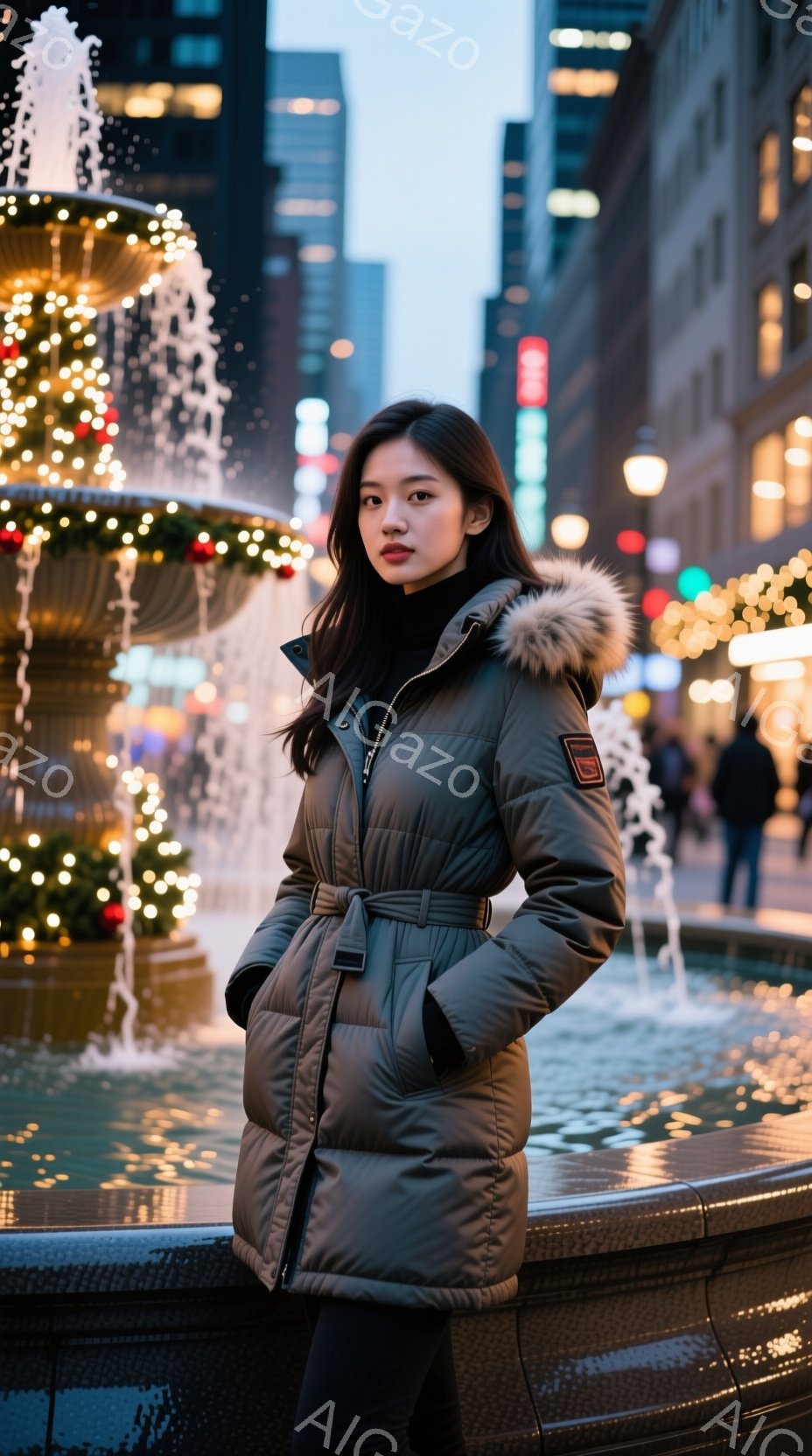 女性は、緑がかった茶色のファー付きの冬用コートを着て、黒いズボンとブーツを履いています。彼女は少し体をひねり、片手を腰に当てて立っており、表情はやや真剣で、どこか憂いを帯びています。背景には、イルミネ - AI生成フリー素材