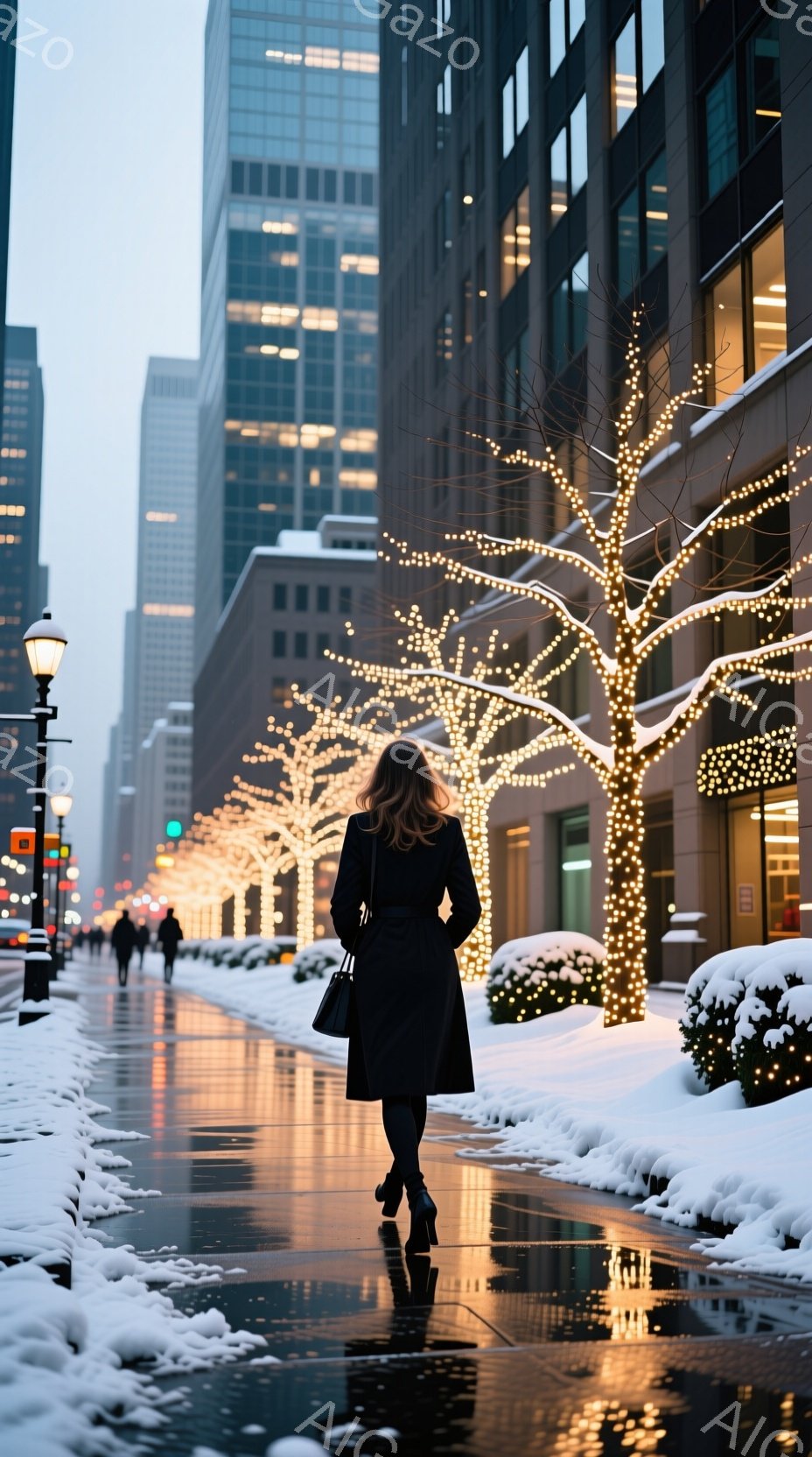 冬の街並みを歩く女性の後ろ姿が印象的な写真です。彼女は黒いコートとヒールを履き、茶色の髪を背中に流しています。背景には高層ビルが立ち並び、雪が積もり、道路には水溜りができており、街路樹には温かい光のイルミネーションが飾られて、冬の暖かさと街のきらびやかさを表現しています。