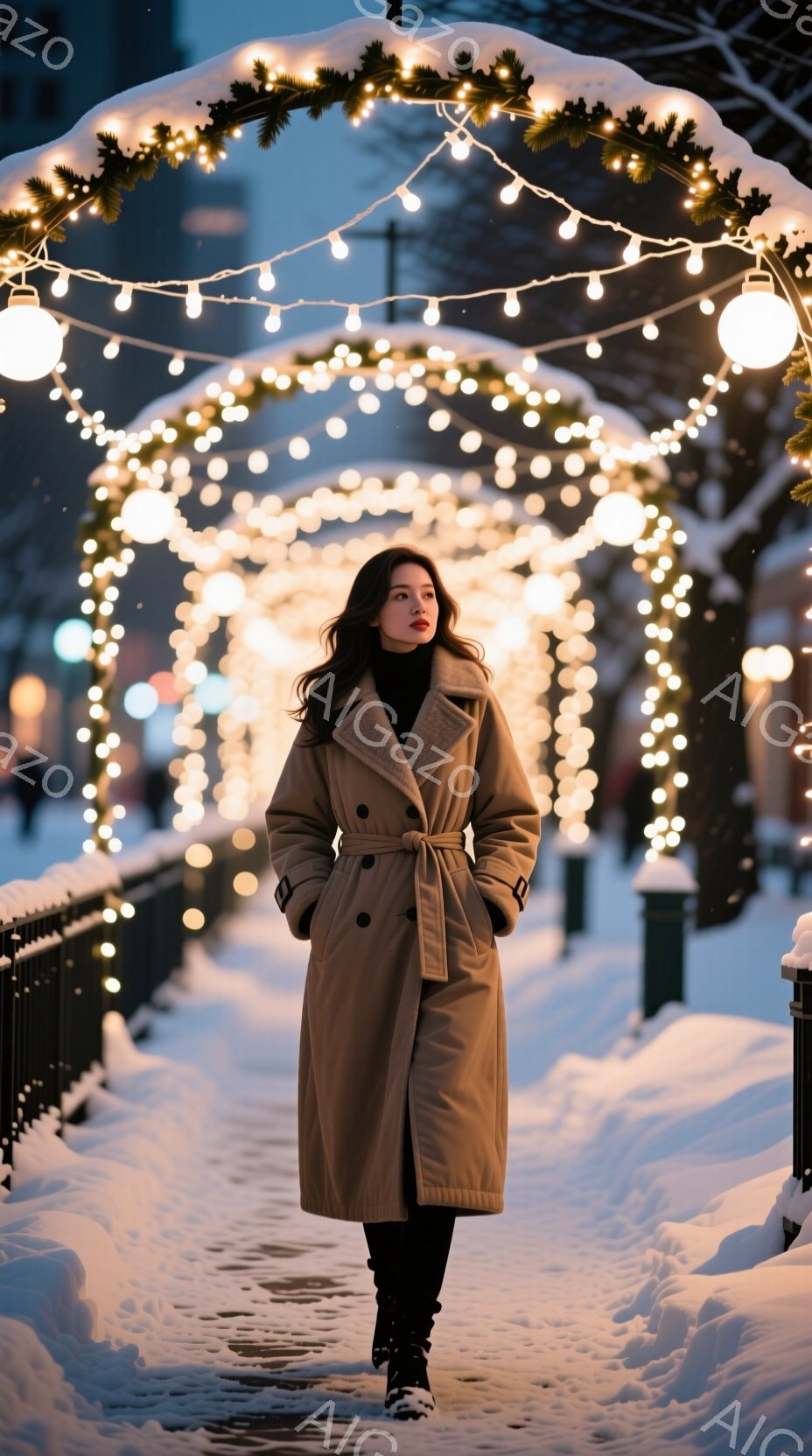 画像には、雪に覆われた遊歩道をベージュ色の長いコートを羽織った女性が歩いている様子が写っています。彼女は黒いタイツとブーツを履き、髪は肩にかかる長さで自然なカールを描いています。背景には、輝く電飾で飾られたアーチと雪に覆われた木々が見え、冬の幻想的な雰囲気が漂っています。