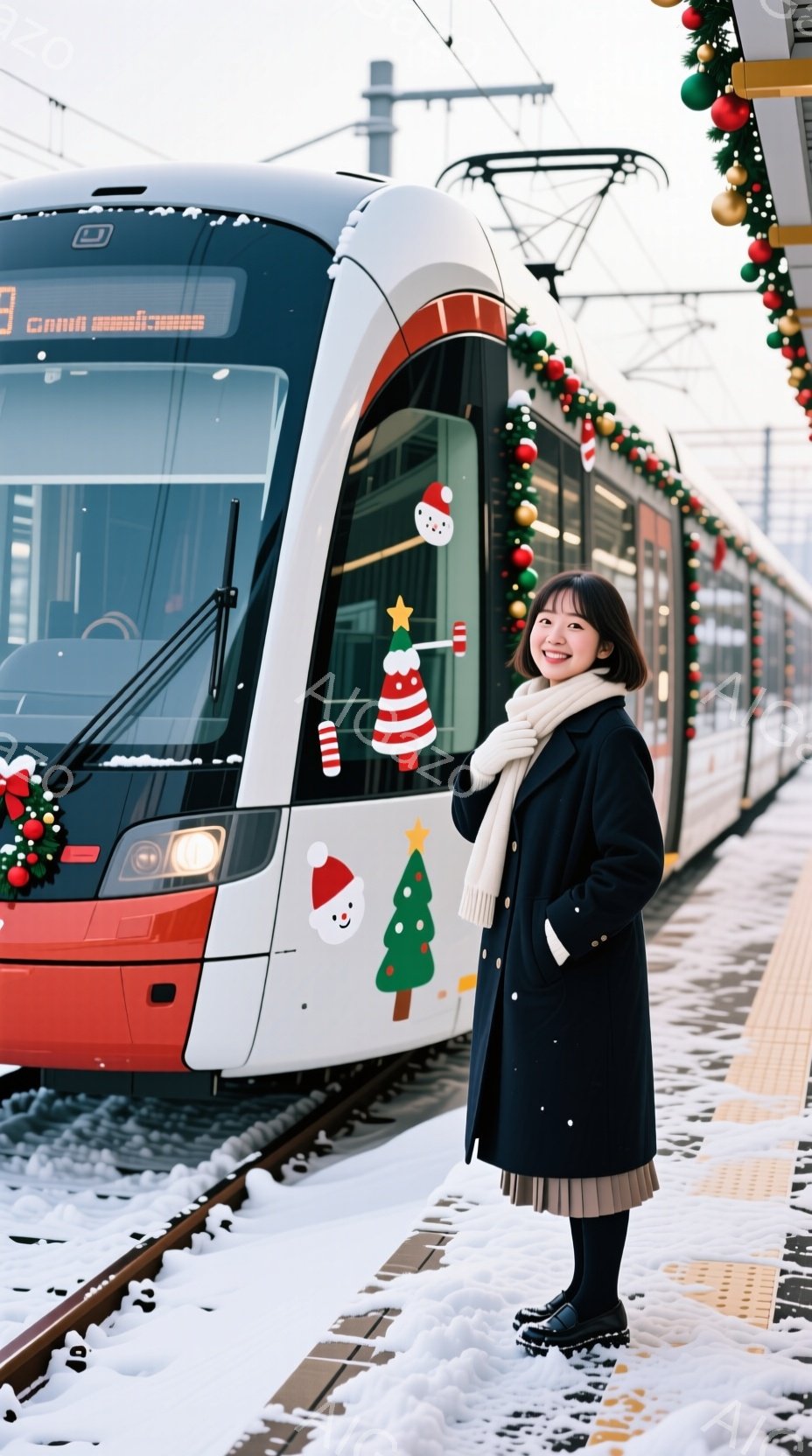 白い雪景色の中に、クリスマス装飾が施された電車を背景に、黒いロングコートを着た女性が立っている。彼女はダークブラウンのボブヘアで、微笑んでおり、白いマフラーを首に巻いている。電車の側面にサンタクロースの帽子とクリスマスツリーのステッカーが貼られており、プラットフォームには雪が積もっている。