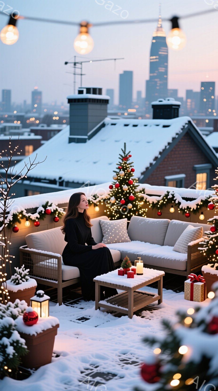 屋上には雪が積もり、クリスマス装飾が施された空間で、女性が黒いドレスを着て座っています。彼女は横を向き、遠くを見つめており、少し物憂げな表情を浮かべています。背景には、雪景色に浮かぶ高層ビル群が広がり、クリスマスのイルミネーションが暖かく光り、穏やかで冬らしい雰囲気を醸し出しています。