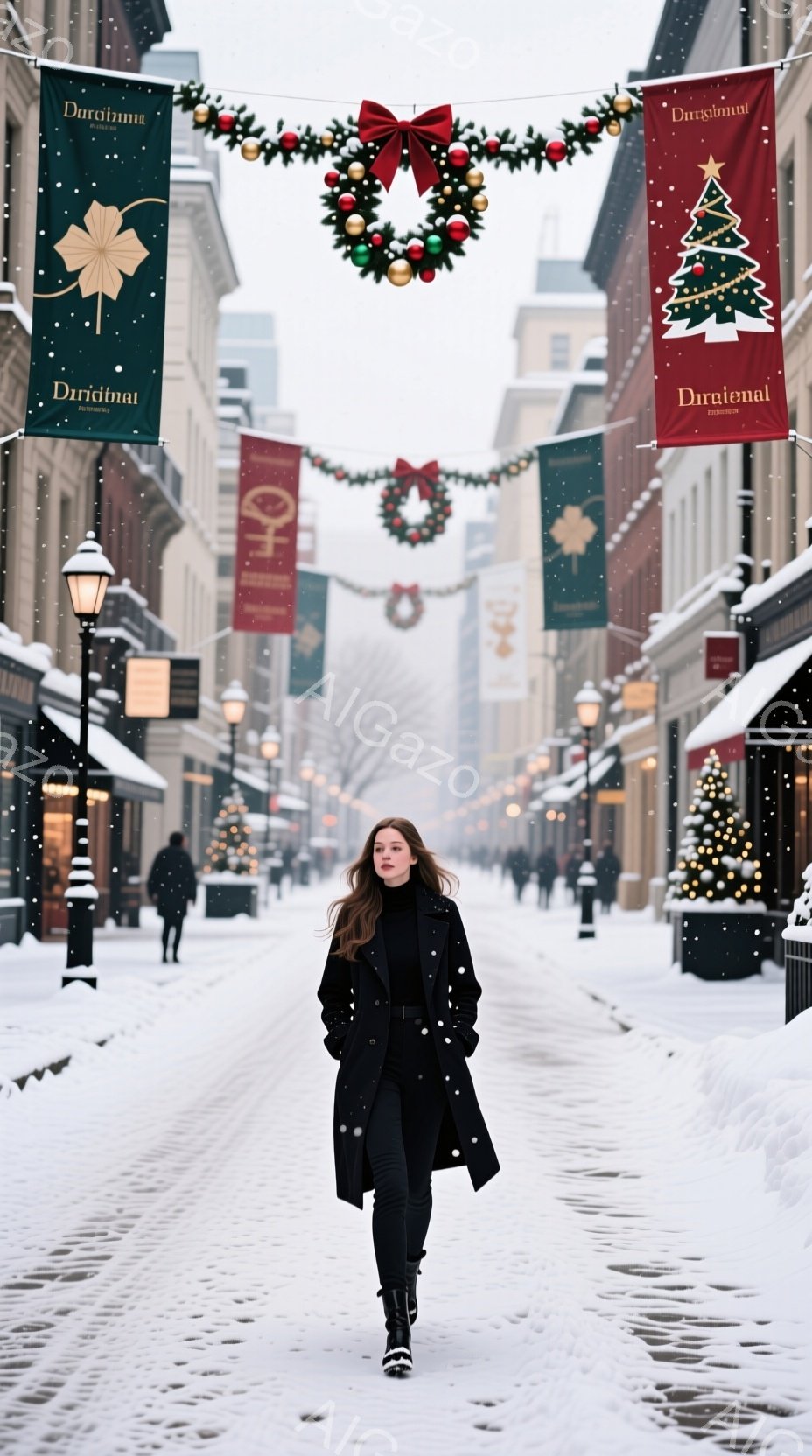 雪が降る街並みを、黒いコートと黒いパンツを身に着けた女性が歩いている。彼女は長い髪を後ろに垂らし、落ち着いた表情で正面を見据えている。背景には、クリスマス装飾が施された街路樹や建物が並び、冬の穏やかで華やかな雰囲気を醸し出している。