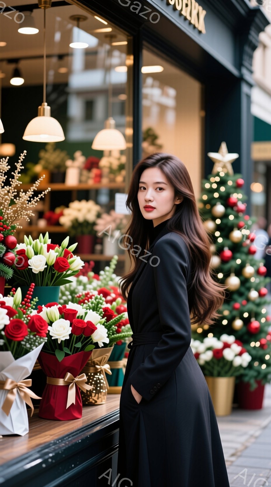 黒いロングコートを身につけた女性が、花屋の前で後ろを振り返っている。彼女はダークトーンのメイクで、表情は少しクールで洗練されている。背景にはクリスマスツリーや花束が並び、華やかで季節感のある雰囲気を醸し出している。