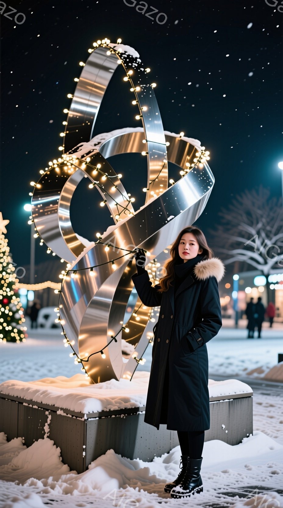 長い黒いコートとブーツを身につけた女性が、光り輝く装飾が施された金属製の彫刻の横に立っている。彼女は軽く微笑み、やや上目遣いでカメラを見つめている。背景には雪景色が広がり、遠くにぼんやりと建物が見える冬の夜の様子が捉えられている。