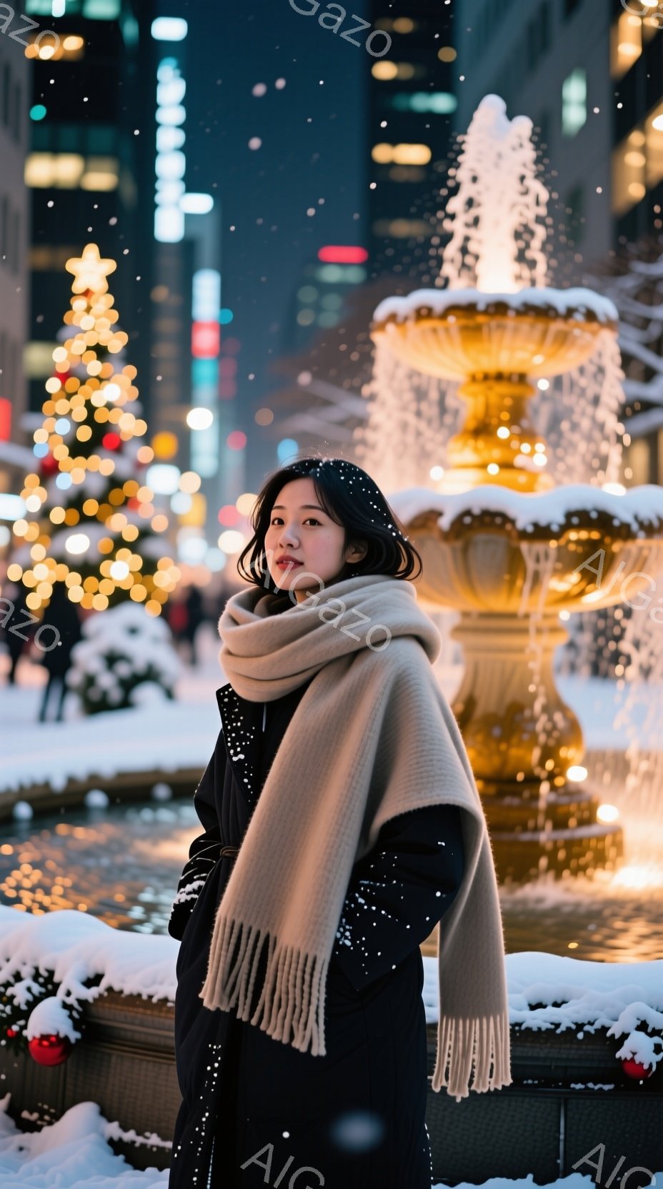 彼女は黒いコートを着て、クリーム色のフリンジ付きスカーフを首に巻いています。少し微笑んでおり、少し横を向いたポーズをとっています。背景には、光り輝くクリスマスツリーと凍った噴水があり、雪が舞っている夜 - AI生成フリー素材