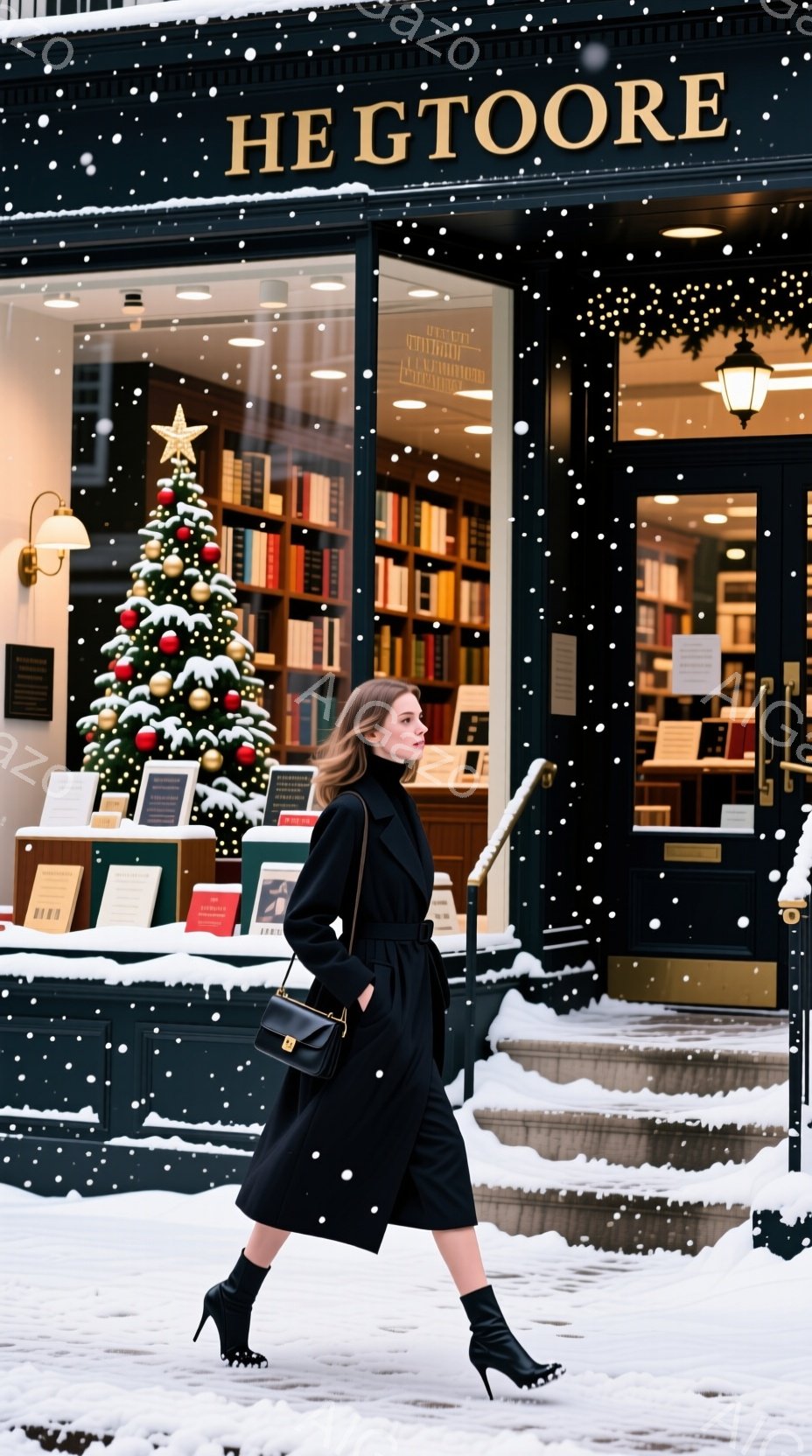雪が降る街並みで、黒いロングコートを羽織った女性が歩いている。彼女は黒いハンドバッグを持ち、黒いブーツを履いており、エレガントな雰囲気を醸し出している。背景にはクリスマスの飾り付けがされた書店があり、冬の暖かさと洗練された雰囲気が漂っている。